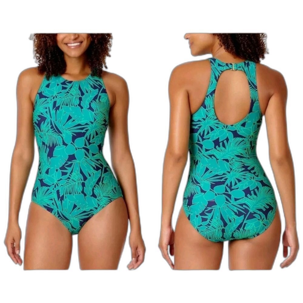 Lands End Emerald & Navy High Neck UPF 50 Open Back 1pc Swimsuit Size Small